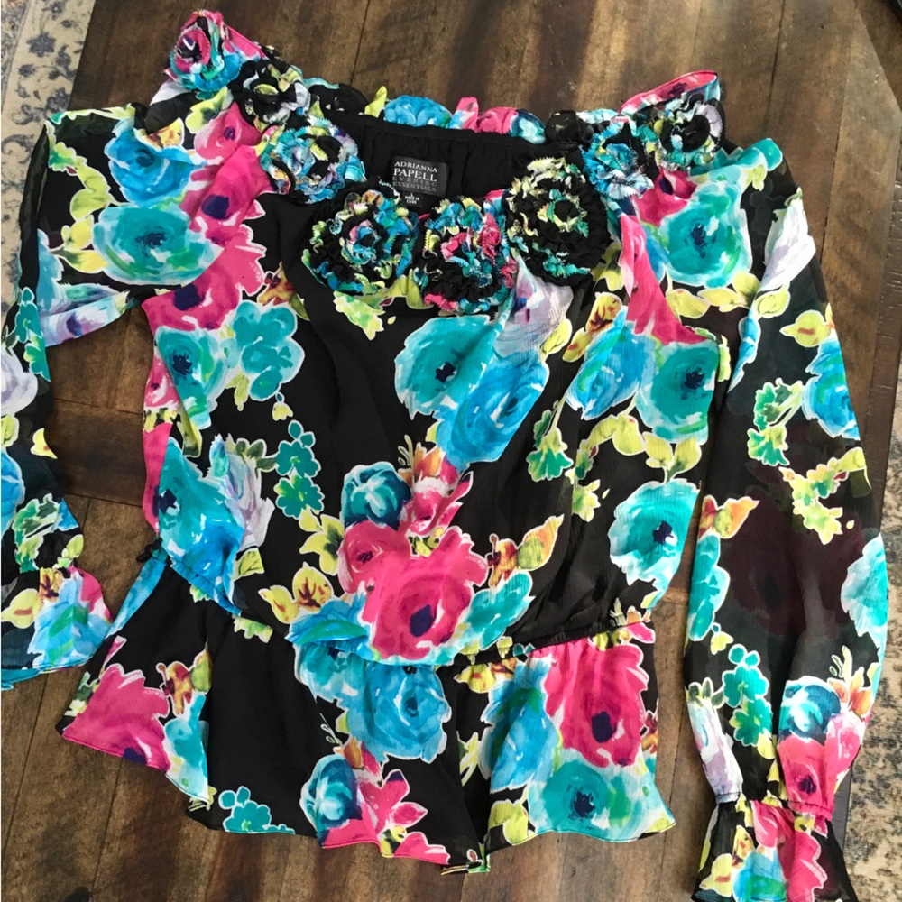 Adrianna Papell Evening Essentials Floral Long Sleeve Shirt Large Belt Loops